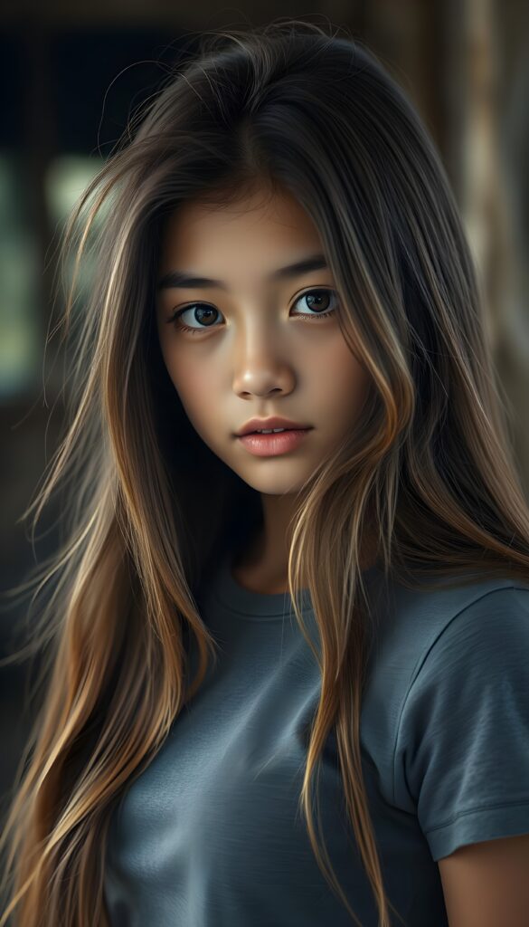 a (((young Indigenous teen girl))) with long, soft flowing, (((straight hair and light brown highlights))), and (((deeply dark round eyes))), her gaze directed towards the viewer, her features exuding an air of (((stunning beauty))) and (((unfading grace))), she wears a grey short, skin tight t-shirt