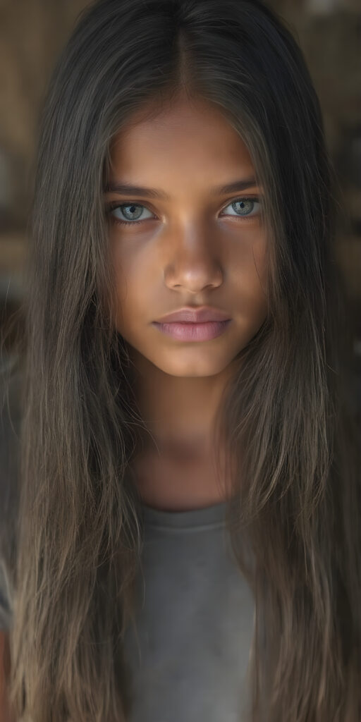 a (((young Indigenous teen girl))) with long, soft flowing, (((straight hair))), and (((deeply dark eyes))), her gaze directed towards the viewer, her features exuding an air of (((stunning beauty))) and (((unfading grace))), she wears a grey short, thin t-shirt