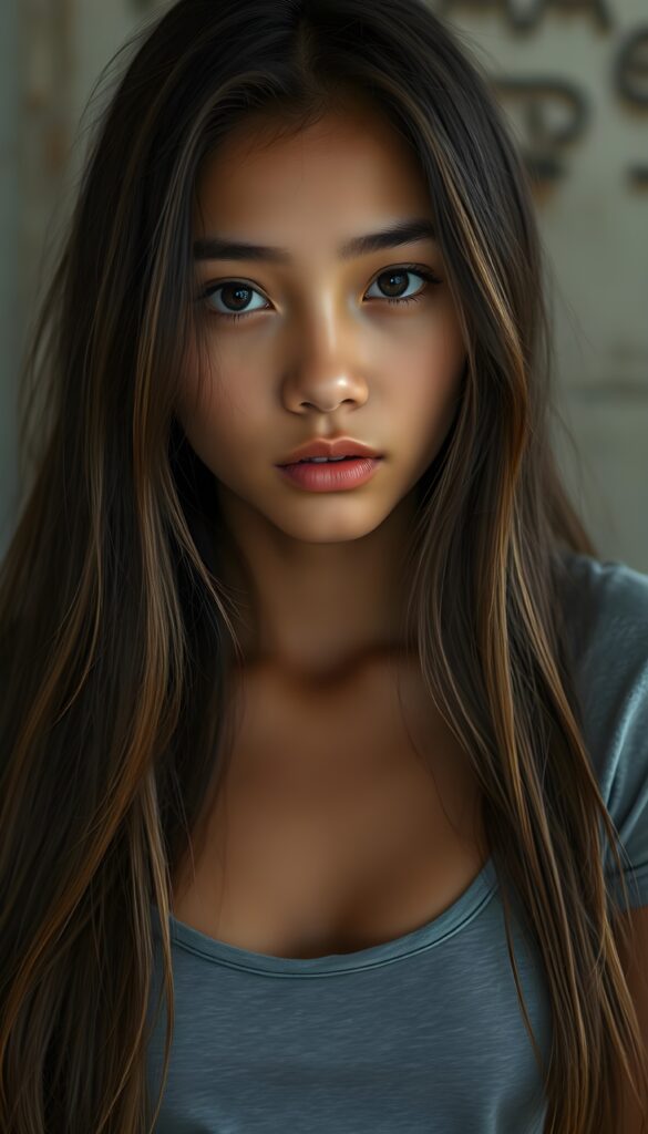 a (((young Indigenous teen girl))) with long, soft flowing, (((straight hair and light brown highlights))), and (((deeply dark round eyes))), her gaze directed towards the viewer, her features exuding an air of (((stunning beauty))) and (((unfading grace))), she wears a grey short, skin tight t-shirt