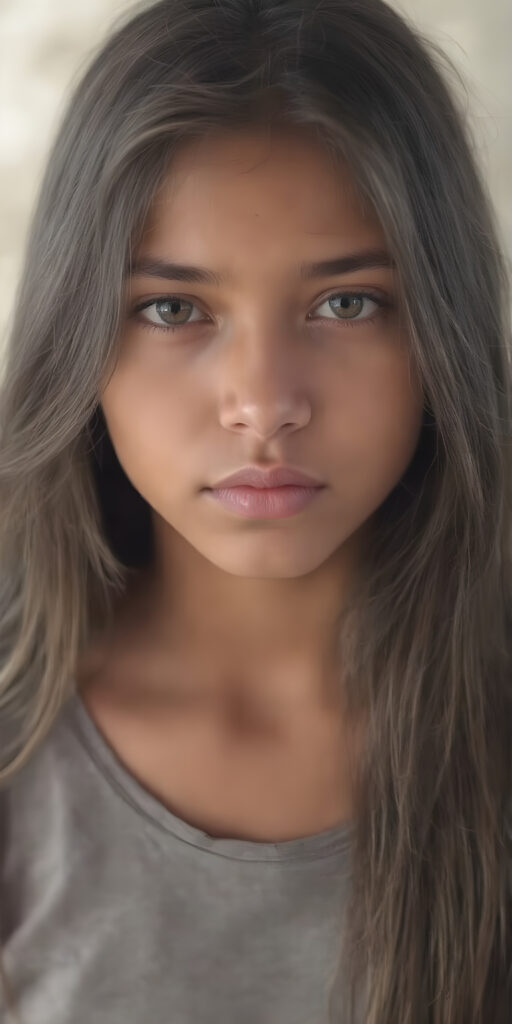 a (((young Indigenous teen girl))) with long, soft flowing, (((straight hair))), and (((deeply dark eyes))), her gaze directed towards the viewer, her features exuding an air of (((stunning beauty))) and (((unfading grace))), she wears a grey short, thin t-shirt