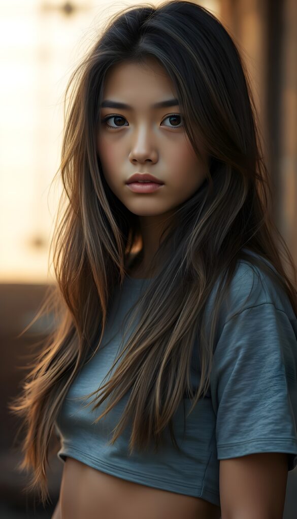 a (((young Indigenous teen girl))) with long, soft flowing, (((straight hair and light brown highlights))), and (((deeply dark round eyes))), her gaze directed towards the viewer, her features exuding an air of (((stunning beauty))) and (((unfading grace))), she wears a grey short, skin tight t-shirt