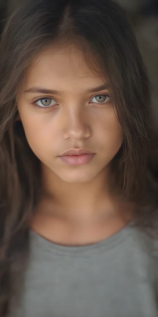 a (((young Indigenous teen girl))) with long, soft flowing, (((straight hair))), and (((deeply dark eyes))), her gaze directed towards the viewer, her features exuding an air of (((stunning beauty))) and (((unfading grace))), she wears a grey short, thin t-shirt