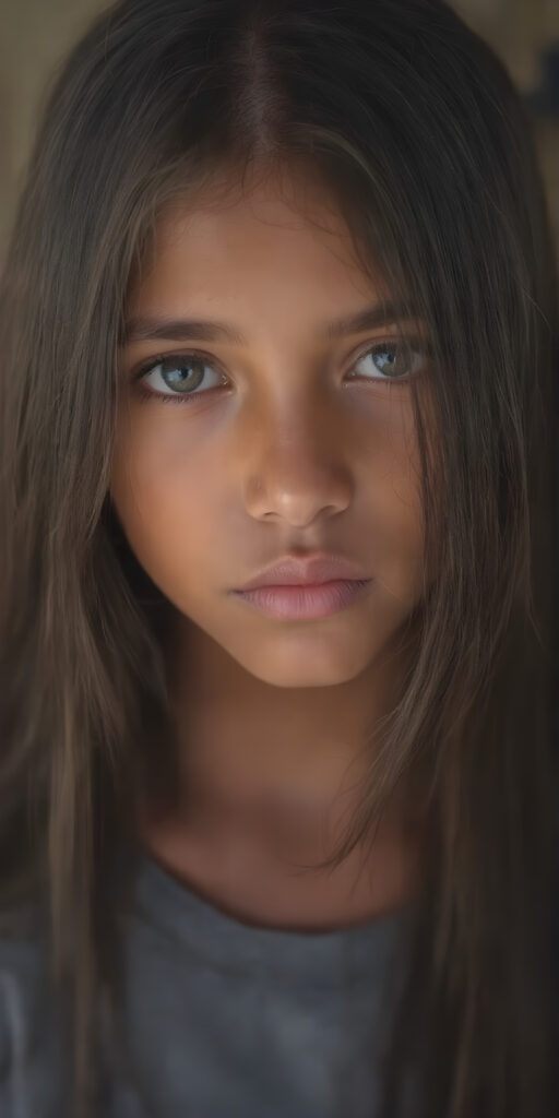 a (((young Indigenous teen girl))) with long, soft flowing, (((straight hair))), and (((deeply dark eyes))), her gaze directed towards the viewer, her features exuding an air of (((stunning beauty))) and (((unfading grace))), she wears a grey short, thin t-shirt
