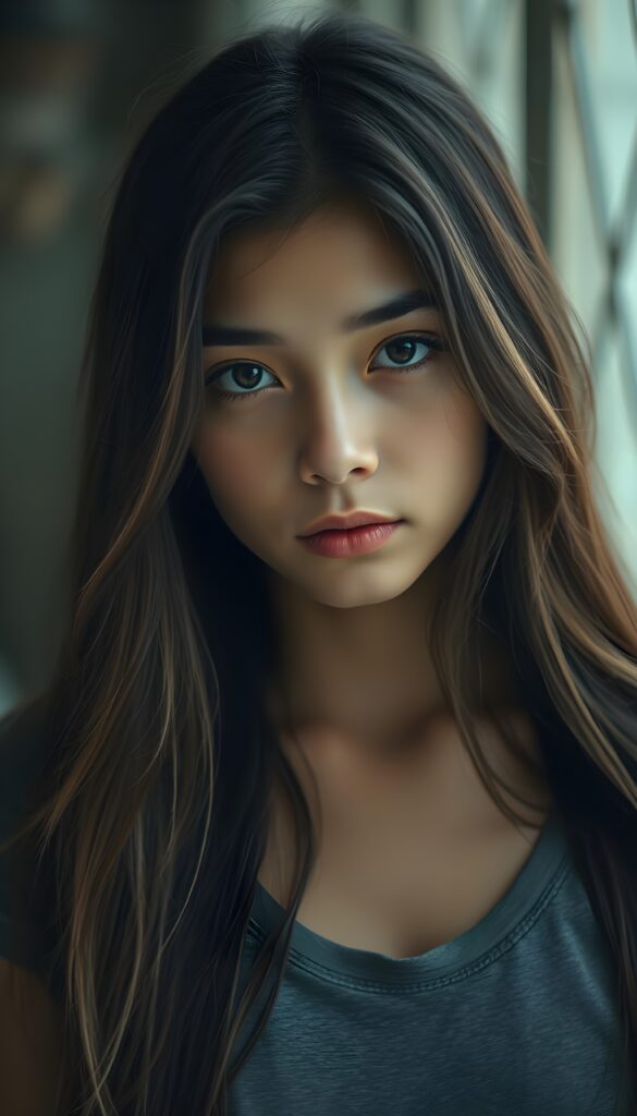a (((young Indigenous teen girl))) with long, soft flowing, (((straight hair and light brown highlights))), and (((deeply dark round eyes))), her gaze directed towards the viewer, her features exuding an air of (((stunning beauty))) and (((unfading grace))), she wears a grey short, skin tight t-shirt