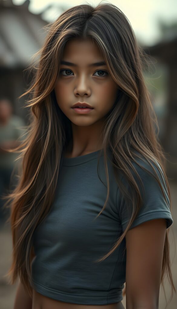 a (((young Indigenous teen girl))) with long, soft flowing, (((straight hair and light brown highlights))), and (((deeply dark round eyes))), her gaze directed towards the viewer, her features exuding an air of (((stunning beauty))) and (((unfading grace))), she wears a grey short, skin tight t-shirt
