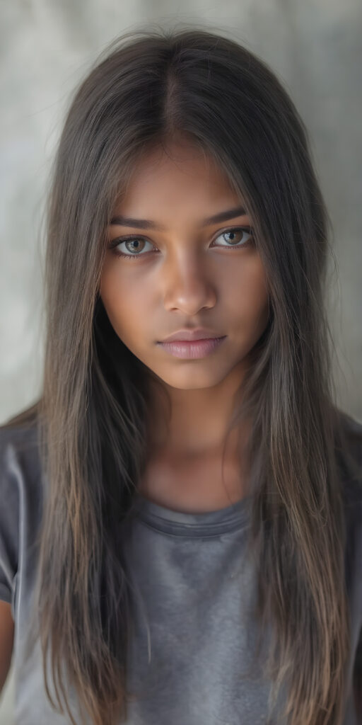 a (((young Indigenous teen girl))) with long, soft flowing, (((straight hair))), and (((deeply dark eyes))), her gaze directed towards the viewer, her features exuding an air of (((stunning beauty))) and (((unfading grace))), she wears a grey short, thin t-shirt