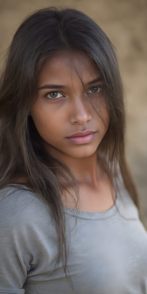 a (((young Indigenous teen girl))) with long, soft flowing, (((straight hair))), and (((deeply dark eyes))), her gaze directed towards the viewer, her features exuding an air of (((stunning beauty))) and (((unfading grace))), she wears a grey short, thin t-shirt