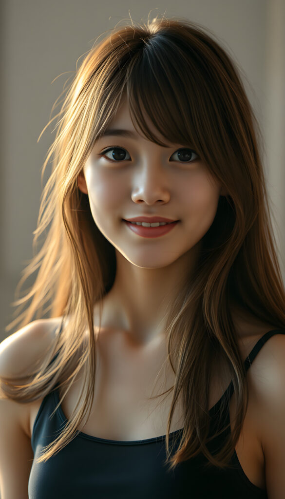 a young Japanese teen girl stands in front of the viewer. She has long brown hair with golden highlights and deep black eyes, warm smile, very happy, she is very thin and short dressed in a cropped tank top, ((stunning)) ((gorgeous)) ((upper body portrait))