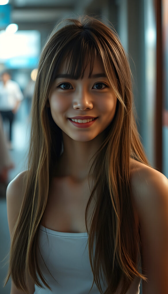 a young Japanese teen girl stands in front of the viewer. She has long brown hair with golden highlights and deep black eyes, warm smile, very happy, she is very thin and short dressed in a cropped tank top, ((stunning)) ((gorgeous)) ((upper body portrait))