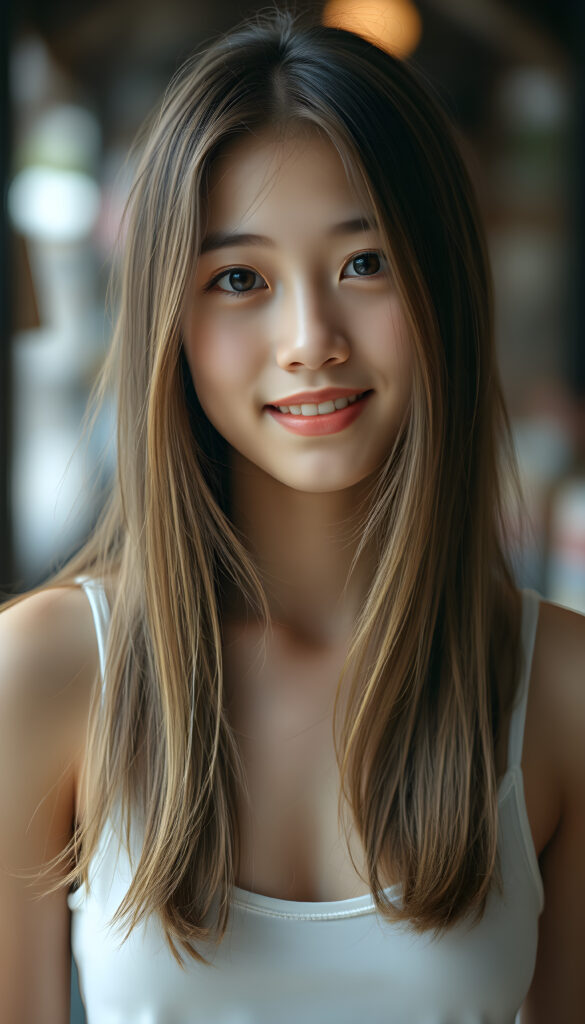 a young Japanese teen girl stands in front of the viewer. She has long brown hair with golden highlights and deep black eyes, warm smile, very happy, she is very thin and short dressed in a cropped tank top, ((stunning)) ((gorgeous)) ((upper body portrait))