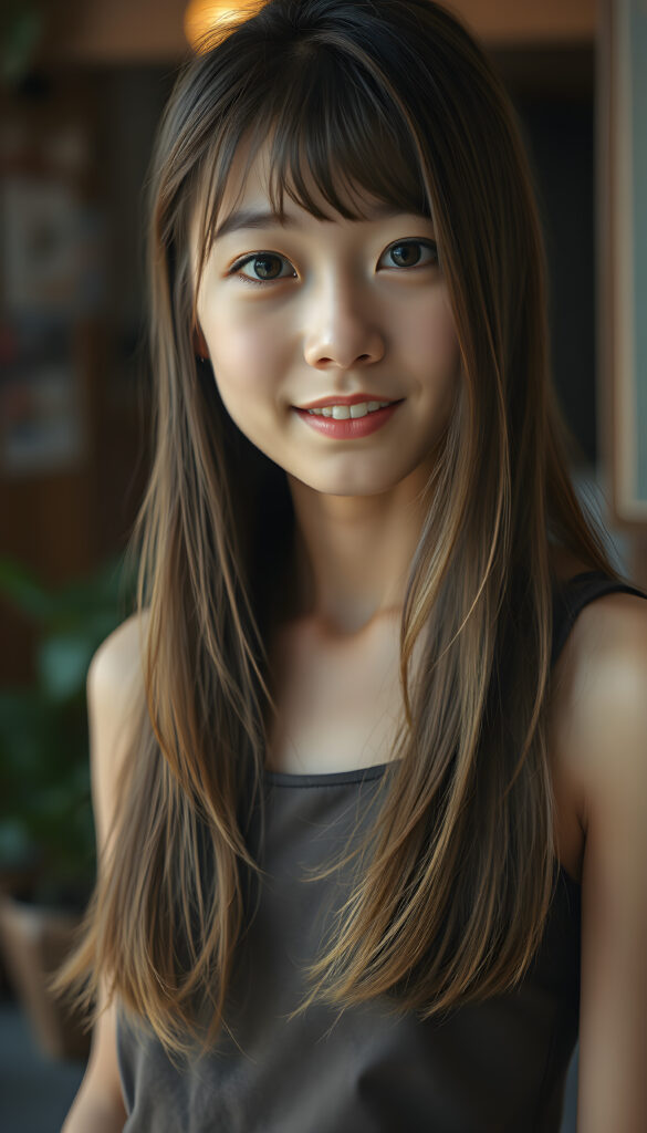a young Japanese teen girl stands in front of the viewer. She has long brown hair with golden highlights and deep black eyes, warm smile, very happy, she is very thin and short dressed in a cropped tank top, ((stunning)) ((gorgeous)) ((upper body portrait))