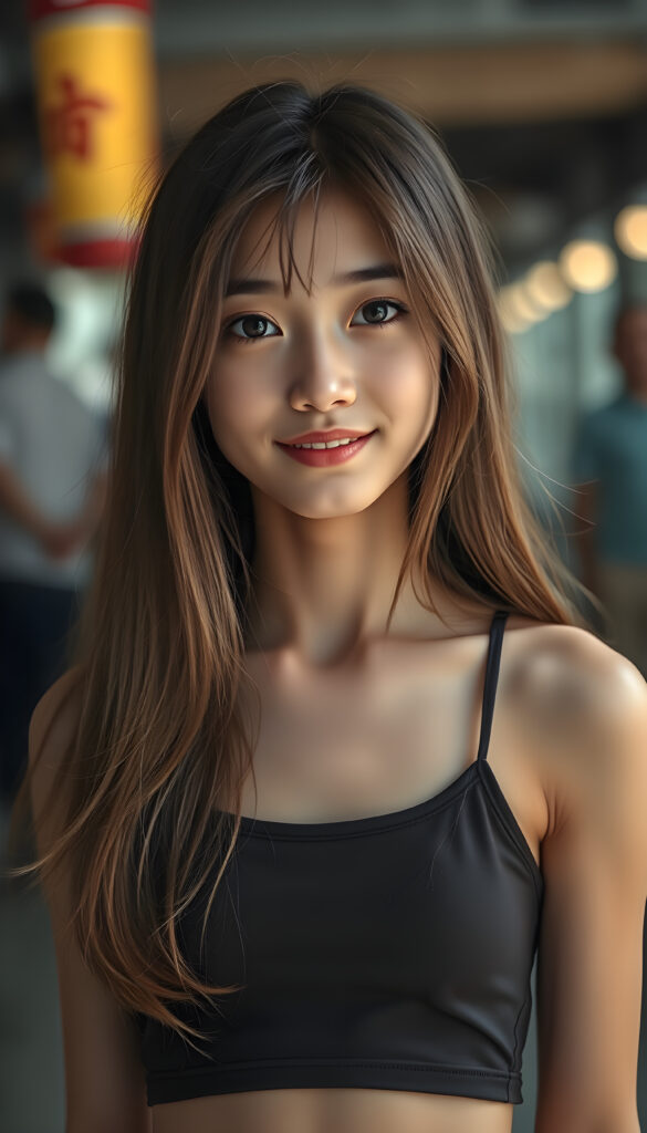 a young Japanese teen girl stands in front of the viewer. She has long brown hair with golden highlights and deep black eyes, warm smile, very happy, she is very thin and short dressed in a cropped tank top, ((stunning)) ((gorgeous)) ((upper body portrait))