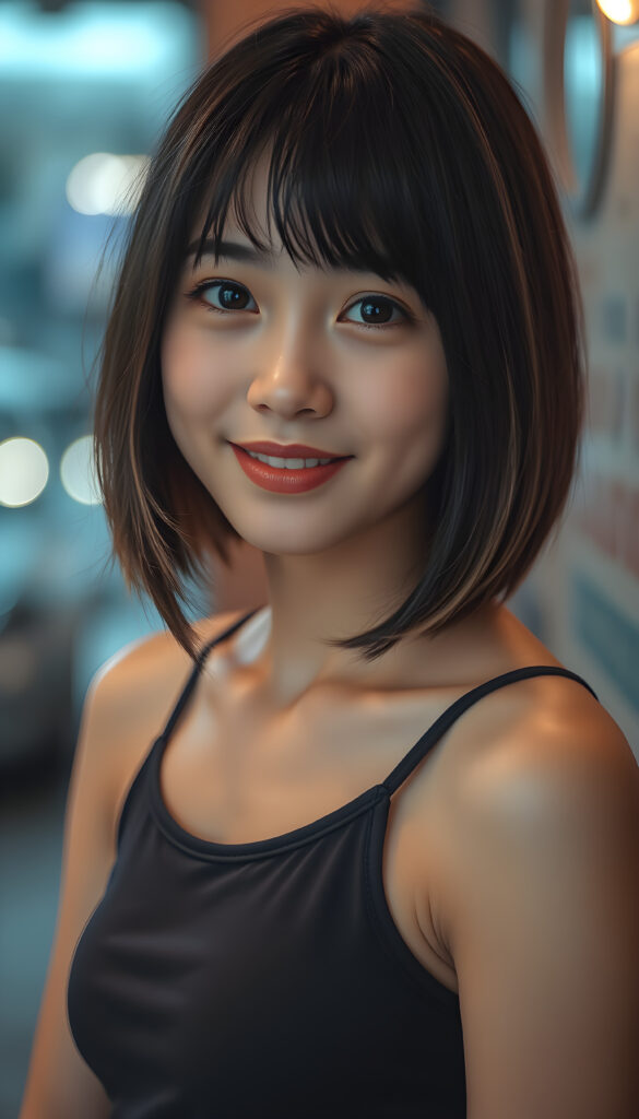 a young Korean girl, she has black hair with light brown highlights, bangs frame her round face, and perfect bob cut, round deep black eyes, warm smile, very happy, full plump red kissable lips, she is very thin and short dressed in a cropped tank top, ((stunning)) ((gorgeous))