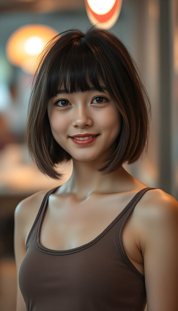 a young Korean girl, she has black hair with light brown highlights, bangs frame her round face, and perfect bob cut, round deep black eyes, warm smile, very happy, full plump red kissable lips, she is very thin and short dressed in a cropped tank top, ((stunning)) ((gorgeous))