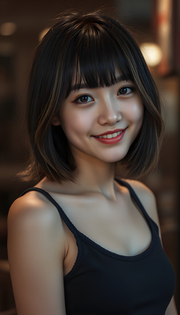 a young Korean girl, she has black hair with light brown highlights, bangs frame her round face, and perfect bob cut, round deep black eyes, warm smile, very happy, full plump red kissable lips, she is very thin and short dressed in a cropped tank top, ((stunning)) ((gorgeous))