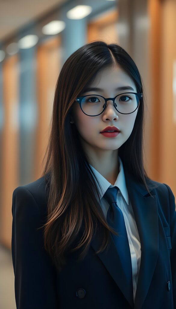 A dynamic, full-length portrait of a young Korean girl exuding confidence and grace. She wears a sophisticated business suit with a crisp white shirt and a deep blue tie. Her long, straight, black hair cascades like a waterfall, featuring subtle brown highlights that catch the light. She has adorable bangs and full, plump red lips. Black glasses.