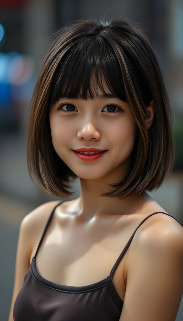 a young Korean girl, she has black hair with light brown highlights, bangs frame her round face, and perfect bob cut, round deep black eyes, warm smile, very happy, full plump red kissable lips, she is very thin and short dressed in a cropped tank top, ((stunning)) ((gorgeous))