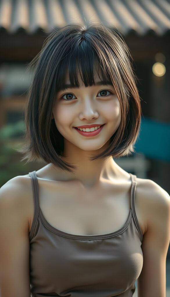 a young Korean girl, she has black hair with light brown highlights, bangs frame her round face, and perfect bob cut, round deep black eyes, warm smile, very happy, full plump red kissable lips, she is very thin and short dressed in a cropped tank top, ((stunning)) ((gorgeous))