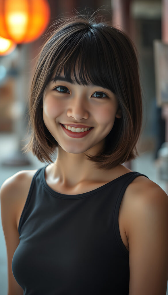 a young Korean girl, she has black hair with light brown highlights, bangs frame her round face, and perfect bob cut, round deep black eyes, warm smile, very happy, full plump red kissable lips, she is very thin and short dressed in a cropped tank top, ((stunning)) ((gorgeous))