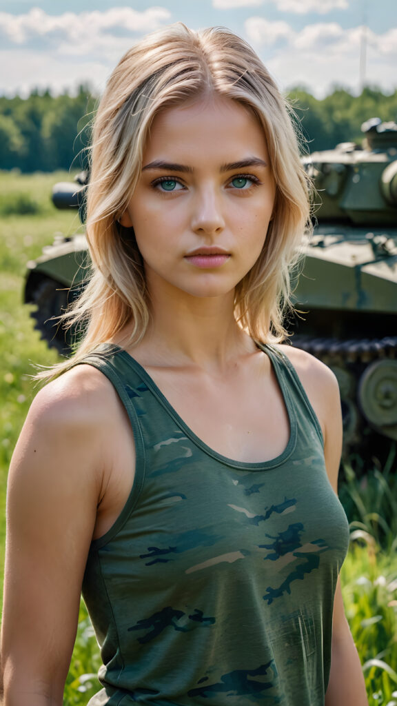 a young Ukrainian girl, plain t-shirt in camouflage, straight flowing light blonde soft detailed hair, blue eyes, looks sadly at the viewer, ((perfect detailed and ultra realistic photo)), she stand in a green meadow, ((tank in backdrop))