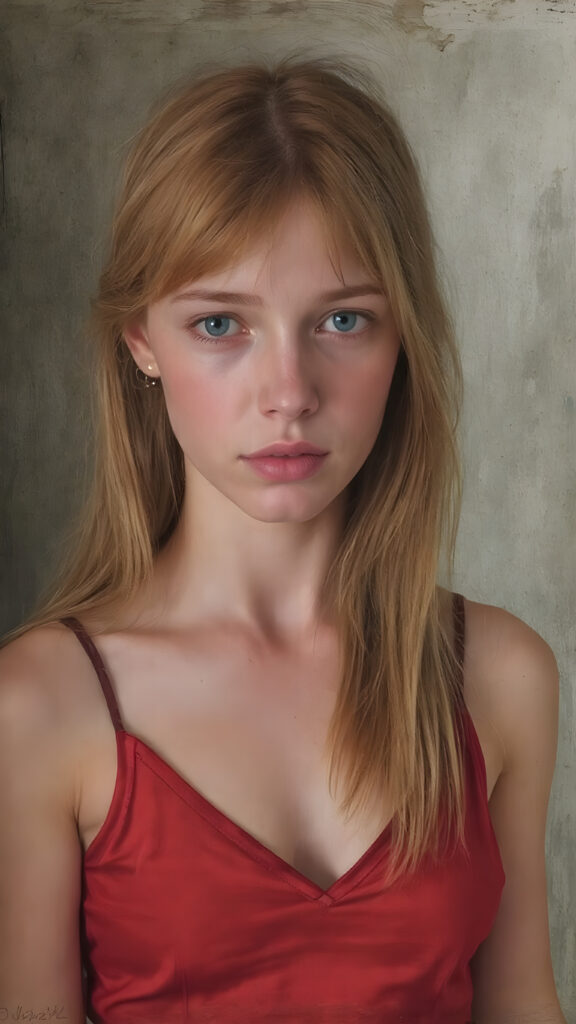 a young Victorian girl with straight ginger color very long slick-back soft hair, wearing a short red silk tank top, deep v-neck, view from the front
