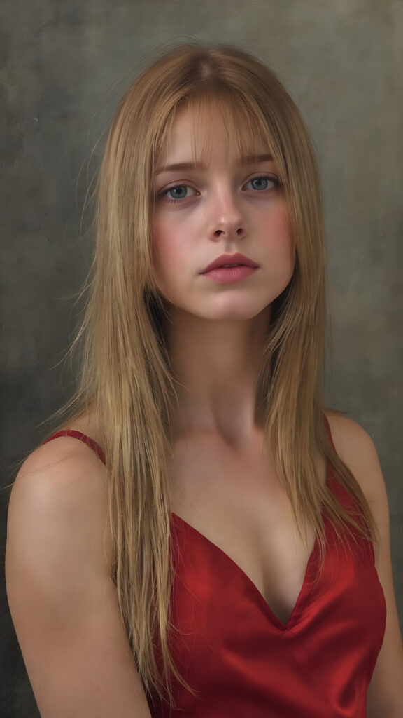 a young Victorian girl with straight ginger color very long slick-back soft hair, wearing a short red silk tank top, deep v-neck, view from the front