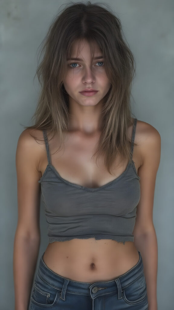 a young abandoned, sad, lonely, poor well busty girl 21 years old, she has a perfect curved body, looks sadly, she has disheveled long brunette straight hair. She is hopeless. She is poor, thin dressed in a tattered short tank top, deep v-neck, short denim jeans pants and stands alone in front of the viewer. She has a dirty face. She is skinny, ((realistic, detailed photo)), all against a grey backdrop