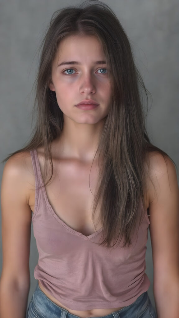 a young abandoned, sad, lonely, poor well busty girl 21 years old, she has a perfect curved body, looks sadly, she has disheveled long brunette straight hair. She is hopeless. She is poor, thin dressed in a tattered short tank top, deep v-neck, short denim jeans pants and stands alone in front of the viewer. She has a dirty face. She is skinny, ((realistic, detailed photo)), all against a grey backdrop