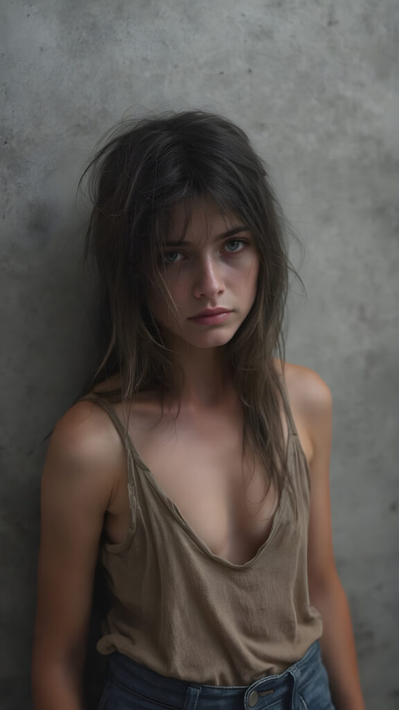 a young abandoned, sad, lonely, poor girl 21 years old, looks sadly, she has disheveled long black messy hair. She is hopeless. She is poor, thin dressed in a tattered tank top, deep v-neck, short denim jeans pants and stands alone in front of the viewer. She has a dirty face. She is skinny, ((realistic, detailed photo)), all against a grey backdrop