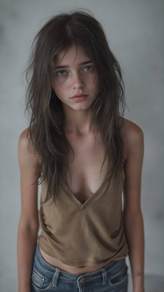 a young abandoned, sad, lonely, poor girl 21 years old, looks sadly, she has disheveled long black messy hair. She is hopeless. She is poor, thin dressed in a tattered tank top, deep v-neck, short denim jeans pants and stands alone in front of the viewer. She has a dirty face. She is skinny, ((realistic, detailed photo)), all against a grey backdrop
