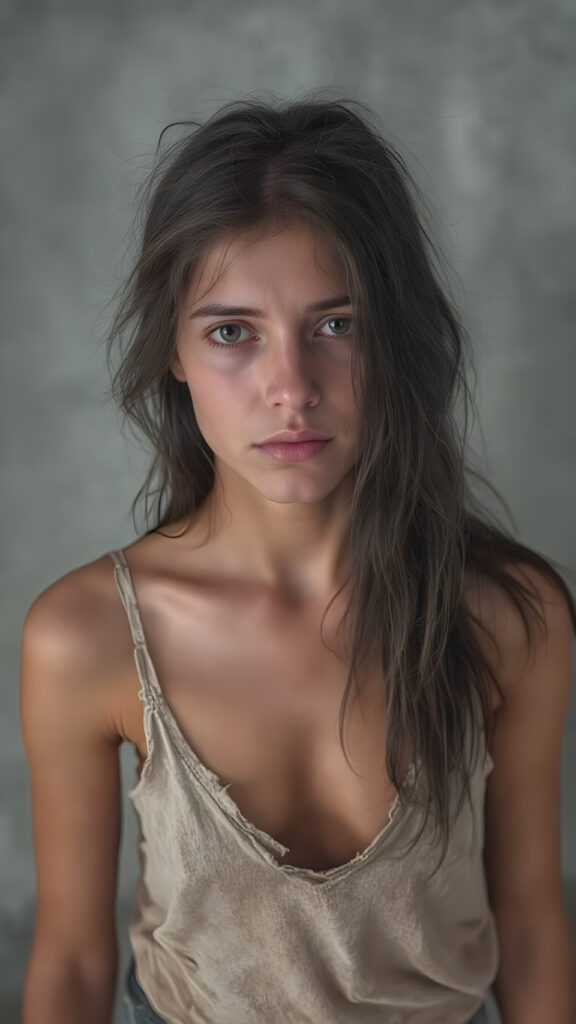 a young abandoned, sad, lonely, poor girl 21 years old, looks sadly, she has disheveled long black messy hair. She is hopeless. She is poor, thin dressed in a tattered tank top, deep v-neck, short denim jeans pants and stands alone in front of the viewer. She has a dirty face. She is skinny, ((realistic, detailed photo)), all against a grey backdrop