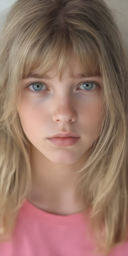 a (((young adult female girl with a gentle face, cute))), characterized by (((soft, long, slightly wavy light brown and gold hair))), which flows in (((carefree soft straight curls))) framing her face, complemented by (((beautifully aligned and piercingly green eyes))). She's clad in a (((T-shirt, in bright pink color)), her (((full body perfect curved figure))) exudes a youthful vitality, with (((skin as pale as marble))), under a (((warm, soft, natural light))), (((gentle shadows))), and (((extremely detailed, hyper realistic full lips))), ((full body))