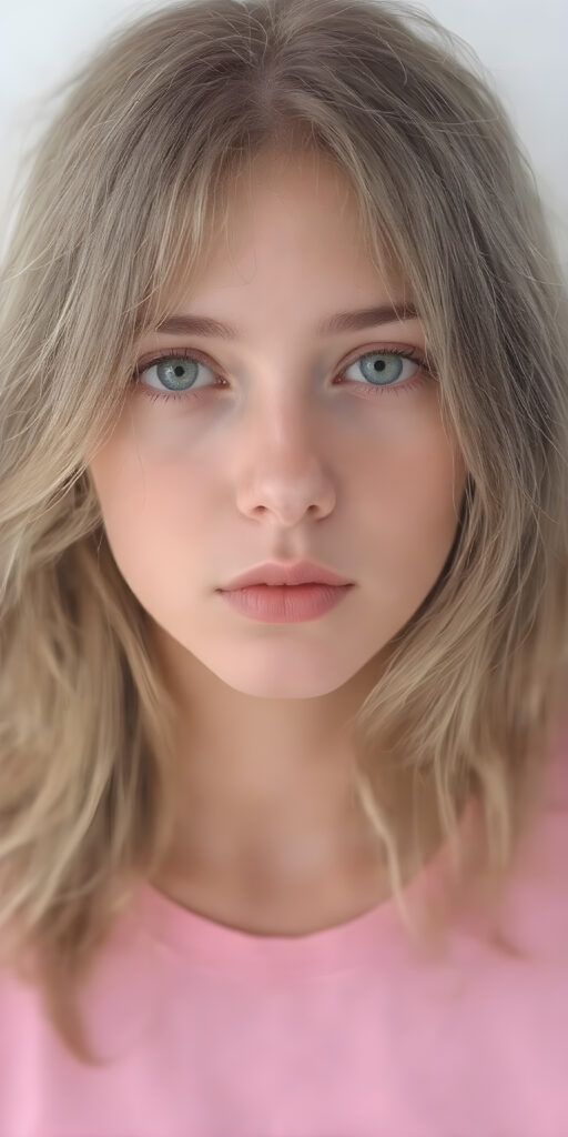 a (((young adult female girl with a gentle face, cute))), characterized by (((soft, long, slightly wavy light brown and gold hair))), which flows in (((carefree soft straight curls))) framing her face, complemented by (((beautifully aligned and piercingly green eyes))). She's clad in a (((T-shirt, in bright pink color)), her (((full body perfect curved figure))) exudes a youthful vitality, with (((skin as pale as marble))), under a (((warm, soft, natural light))), (((gentle shadows))), and (((extremely detailed, hyper realistic full lips))), ((full body))