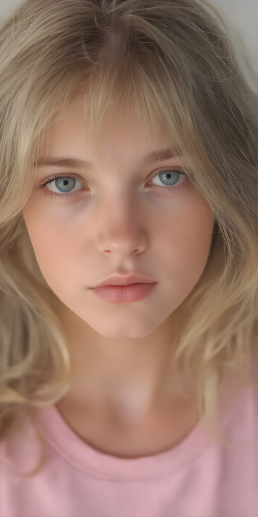 a (((young adult female girl with a gentle face, cute))), characterized by (((soft, long, slightly wavy light brown and gold hair))), which flows in (((carefree soft straight curls))) framing her face, complemented by (((beautifully aligned and piercingly green eyes))). She's clad in a (((T-shirt, in bright pink color)), her (((full body perfect curved figure))) exudes a youthful vitality, with (((skin as pale as marble))), under a (((warm, soft, natural light))), (((gentle shadows))), and (((extremely detailed, hyper realistic full lips))), ((full body))