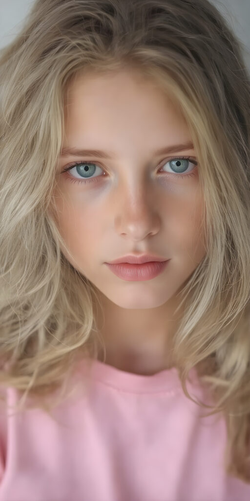 a (((young adult female girl with a gentle face, cute))), characterized by (((soft, long, slightly wavy light brown and gold hair))), which flows in (((carefree soft straight curls))) framing her face, complemented by (((beautifully aligned and piercingly green eyes))). She's clad in a (((T-shirt, in bright pink color)), her (((full body perfect curved figure))) exudes a youthful vitality, with (((skin as pale as marble))), under a (((warm, soft, natural light))), (((gentle shadows))), and (((extremely detailed, hyper realistic full lips))), ((full body))