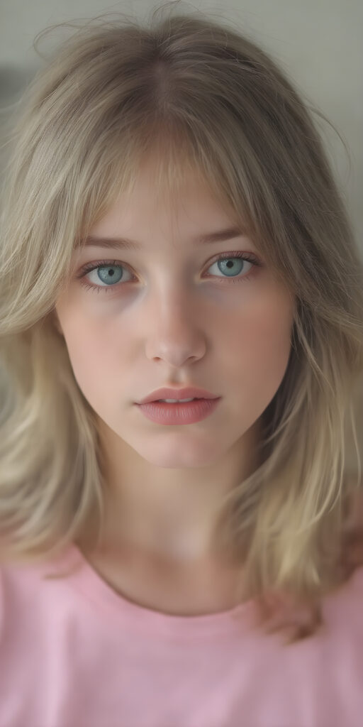 a (((young adult female girl with a gentle face, cute))), characterized by (((soft, long, slightly wavy light brown and gold hair))), which flows in (((carefree soft straight curls))) framing her face, complemented by (((beautifully aligned and piercingly green eyes))). She's clad in a (((T-shirt, in bright pink color)), her (((full body perfect curved figure))) exudes a youthful vitality, with (((skin as pale as marble))), under a (((warm, soft, natural light))), (((gentle shadows))), and (((extremely detailed, hyper realistic full lips))), ((full body))