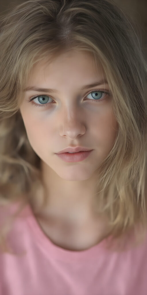 a (((young adult female girl with a gentle face, cute))), characterized by (((soft, long, slightly wavy light brown and gold hair))), which flows in (((carefree soft straight curls))) framing her face, complemented by (((beautifully aligned and piercingly green eyes))). She's clad in a (((T-shirt, in bright pink color)), her (((full body perfect curved figure))) exudes a youthful vitality, with (((skin as pale as marble))), under a (((warm, soft, natural light))), (((gentle shadows))), and (((extremely detailed, hyper realistic full lips))), ((full body))