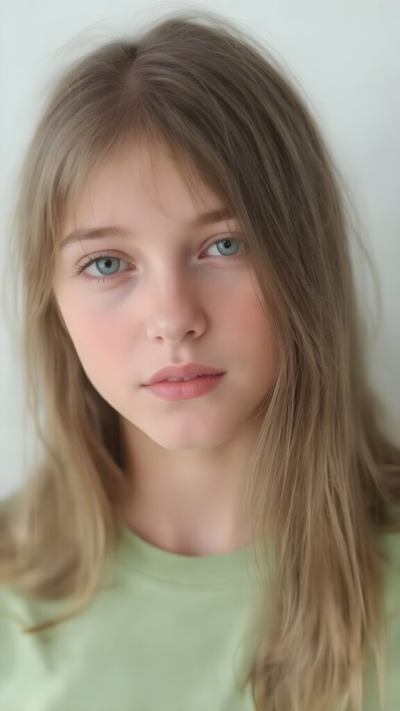 a young adult girl, dressed in green light t-shirt, with ((long soft straight brown hair)), green eyes, gentle face, detailed portrait, realistic, stunning, gorgeous