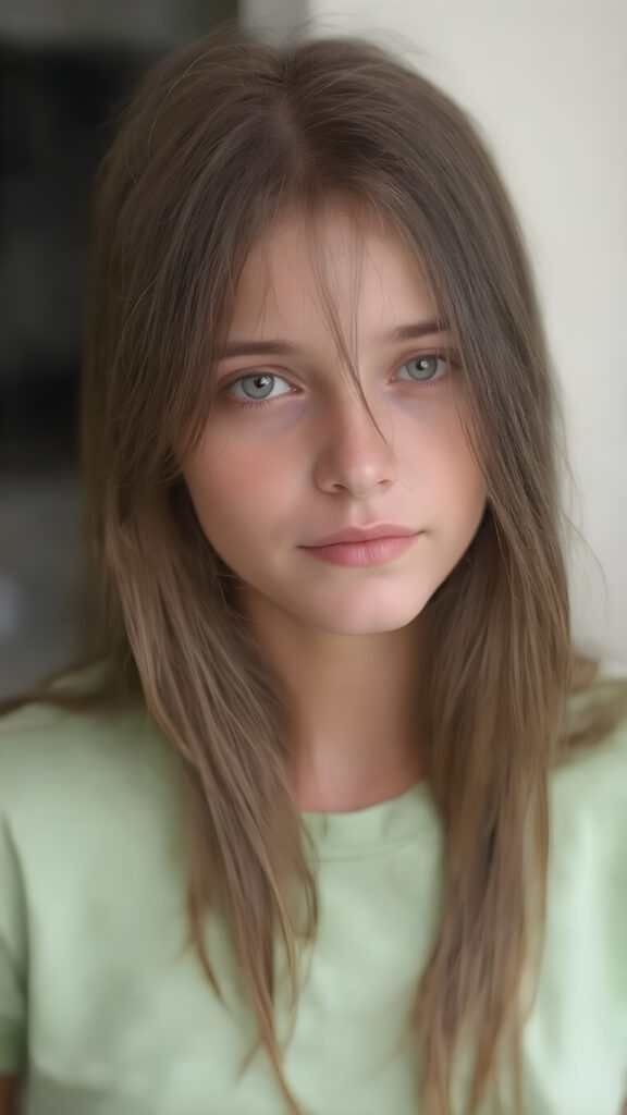 a young adult girl, dressed in green light t-shirt, with ((long soft straight brown hair)), green eyes, gentle face, detailed portrait, realistic, stunning, gorgeous
