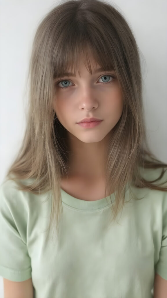 a young adult girl, dressed in green light t-shirt, with ((long soft straight brown hair)), green eyes, gentle face, detailed portrait, realistic, stunning, gorgeous