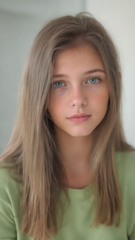 a young adult girl, dressed in green light t-shirt, with ((long soft straight brown hair)), green eyes, gentle face, detailed portrait, realistic, stunning, gorgeous