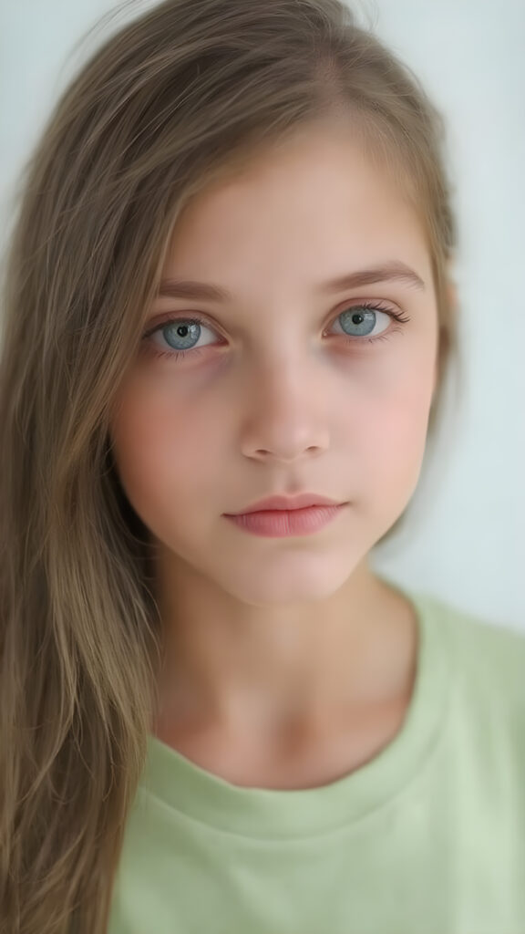 a young adult girl, dressed in green light t-shirt, with ((long soft straight brown hair)), green eyes, gentle face, detailed portrait, realistic, stunning, gorgeous