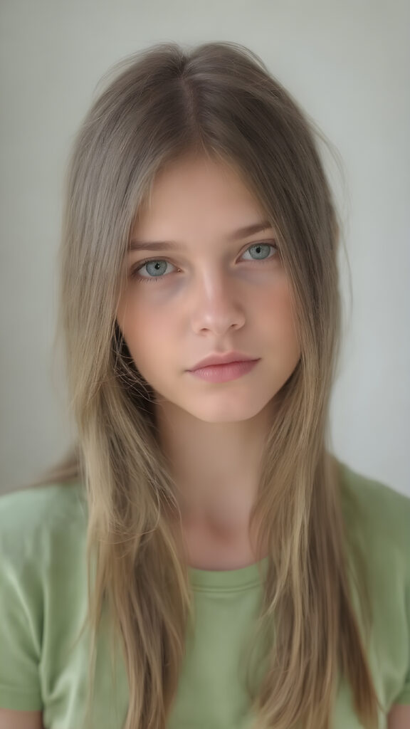 a young adult girl, dressed in green light t-shirt, with ((long soft straight brown hair)), green eyes, gentle face, detailed portrait, realistic, stunning, gorgeous