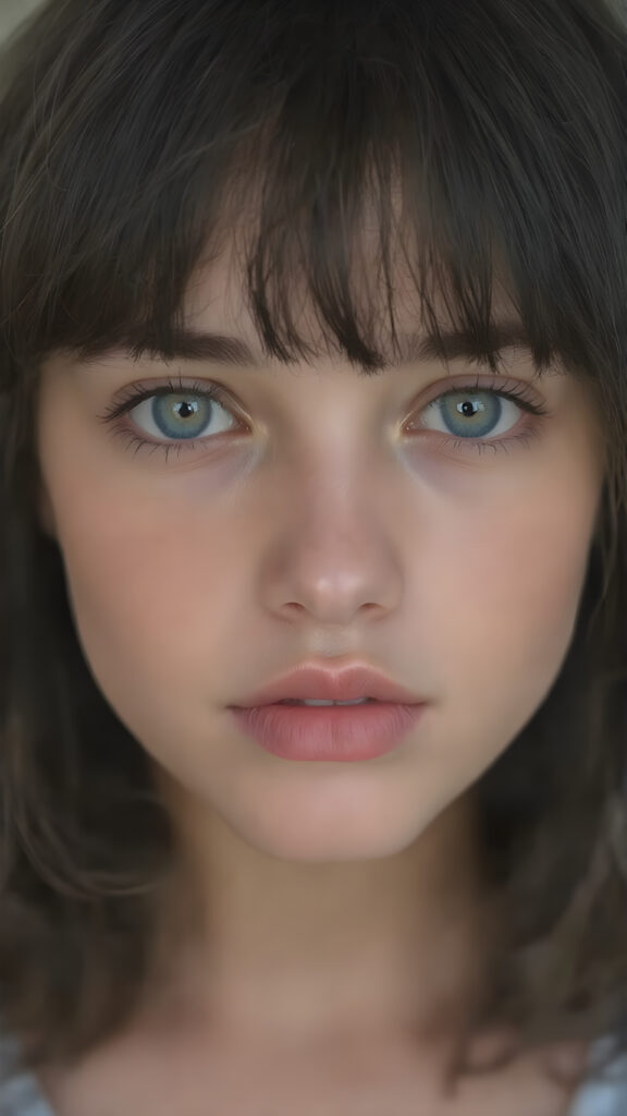 a young adult teen girl with black hair, bangs, she has her head tilted slightly to one side and looks at the viewer with her deep blue eyes. Her skin is flawless and she has full, plump red lips. Her eyes are dark, dark song line and mascara. She has a youthful round head and her mouth is slightly open, white teeth. She has an innocent look. Her head is centered in the realistic photo.