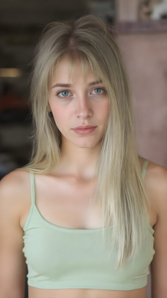 a young adult tomboy girl, dressed in green light short cropped tank top, perfect curved body, with ((long neon light green soft hair)), green eyes, gentle face, upper body, belly button, busty