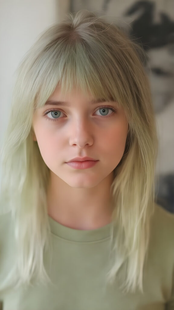 a young adult tomboy girl, dressed in green light t-shirt, with ((long neon light green soft hair)), green eyes, gentle face