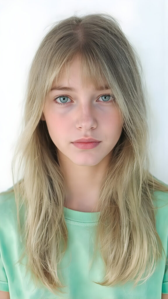 a young adult tomboy girl, dressed in green light t-shirt, with ((long neon light green soft hair)), green eyes, gentle face
