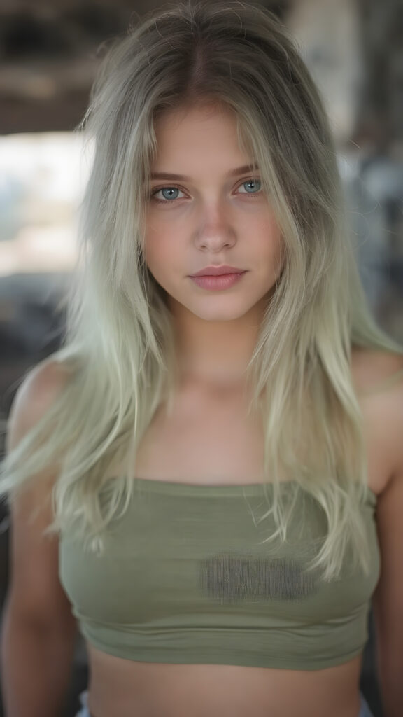 a young adult tomboy girl, dressed in green light short cropped tank top, perfect curved body, with ((long neon light green soft hair)), green eyes, gentle face, upper body, belly button, busty