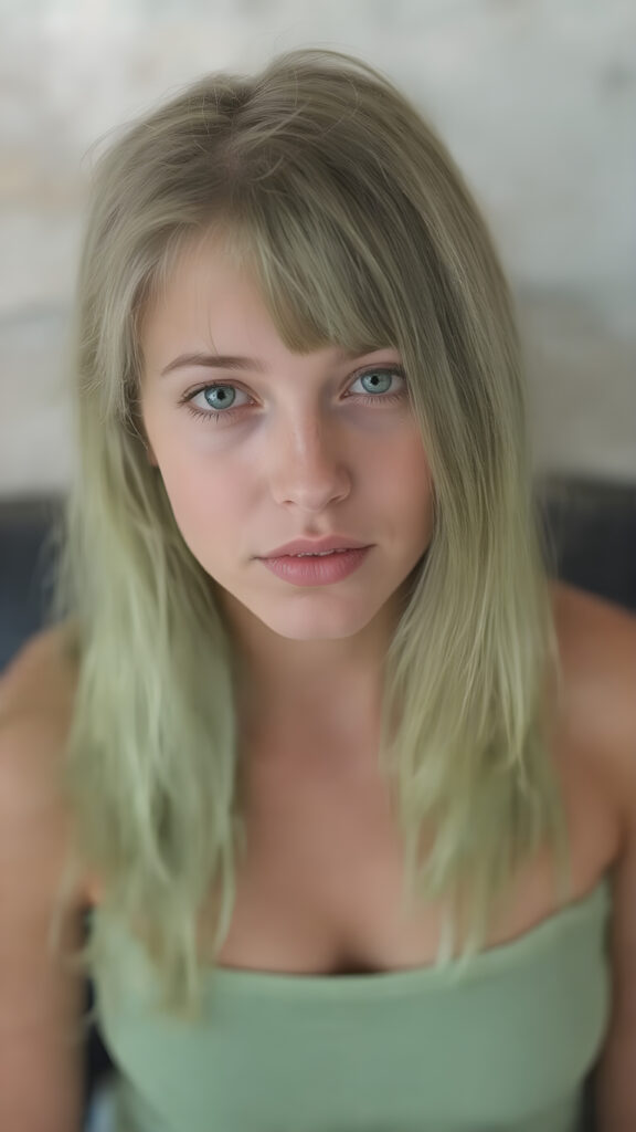 a young adult tomboy girl, dressed in green light short cropped tank top, perfect curved body, with ((long neon light green soft hair)), green eyes, gentle face, upper body, belly button, busty