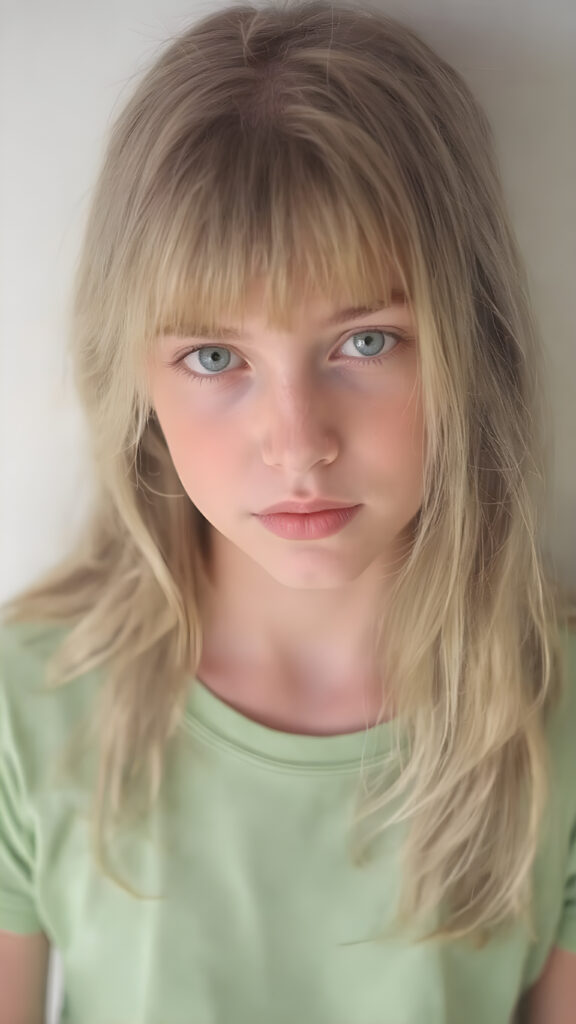 a young adult tomboy girl, dressed in green light t-shirt, with ((long neon light green soft hair)), green eyes, gentle face